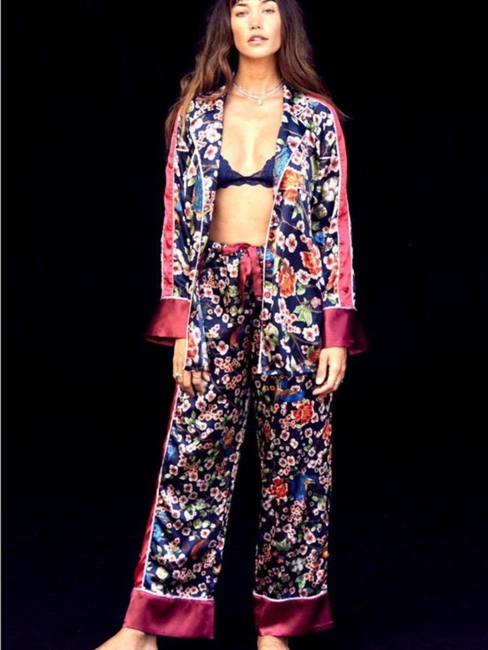 Free People x We are Hah Floral Navy and Pink Pajama Set